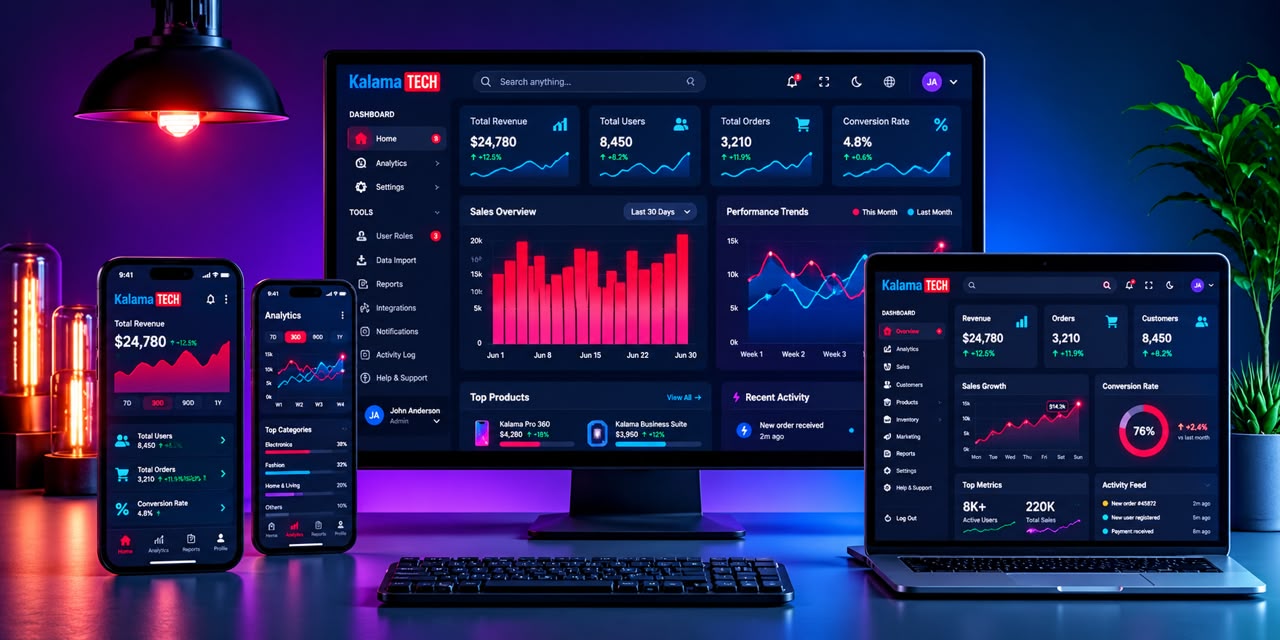Kalsma Tech business dashboards shown on a desktop monitor, a laptop and two phones