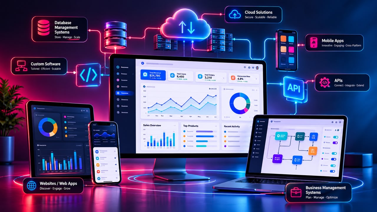Illustration of Kalsma Tech services: custom software, websites and web apps, mobile apps, APIs, cloud solutions, database management and business management systems